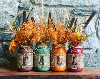 Fall mason jar flower display. Sold as a set. Handcrafted! Farmhouse fall decor. Fall mantle price. Rustic fall decor. Autumn home decor.