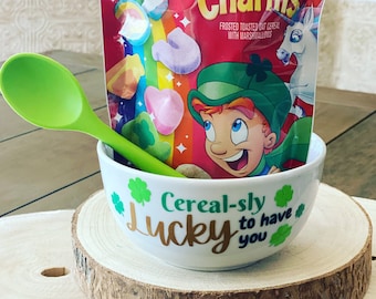 Cereal-sly lucky to have you cereal bowl. Kids St. Patrick’s Day ideas. St. Patrick’s day gifts for kids. St. Patty’s Day breakfast.