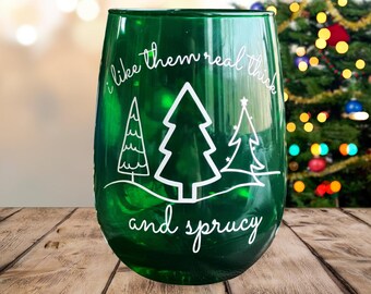Christmas Wine Glass: Green Holiday Spruce Tree Design
