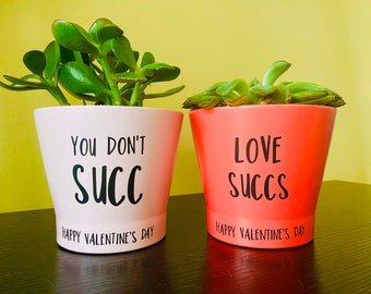 Valentine’s Day planters. You don’t Succ or Love Succs. Dark or light pink flower pot. Punny planters. Plant puns. Valentine’s Gift
