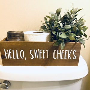 Hello, sweet cheeks funny bathroom decor. Bathroom storage. Rustic brown Wood box. Toilet paper storage. Plant box.