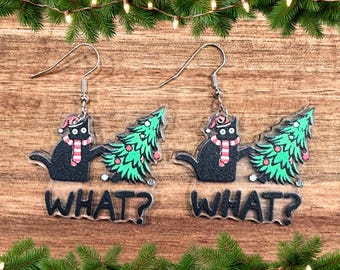 Funny Christmas Cat Dangle Earrings, Holiday Tree Design