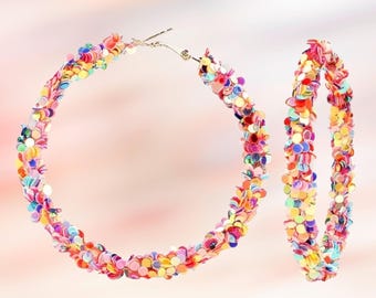 Colorful Sequin Hoop Earrings, Rainbow Statement Jewelry, Large Circle Design