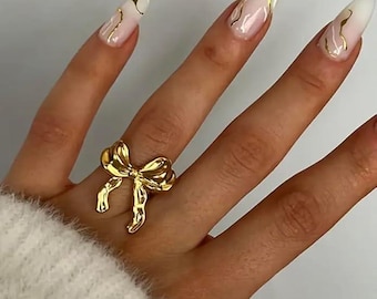 Elegant Gold Bow Ring, Adjustable Cuff Style, 3D Ribbon Design