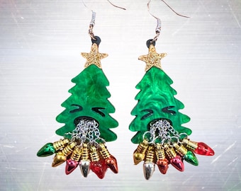 Christmas Tree Dangle Earrings, Green Acrylic, Light Bulb Charms