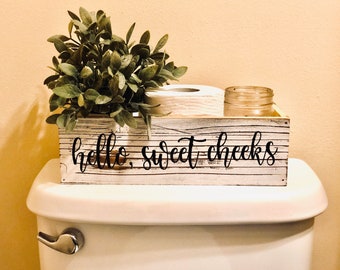 Hello, sweet cheeks funny bathroom decor. Bathroom storage. Rustic white Wood box. Toilet paper storage. Plant box.