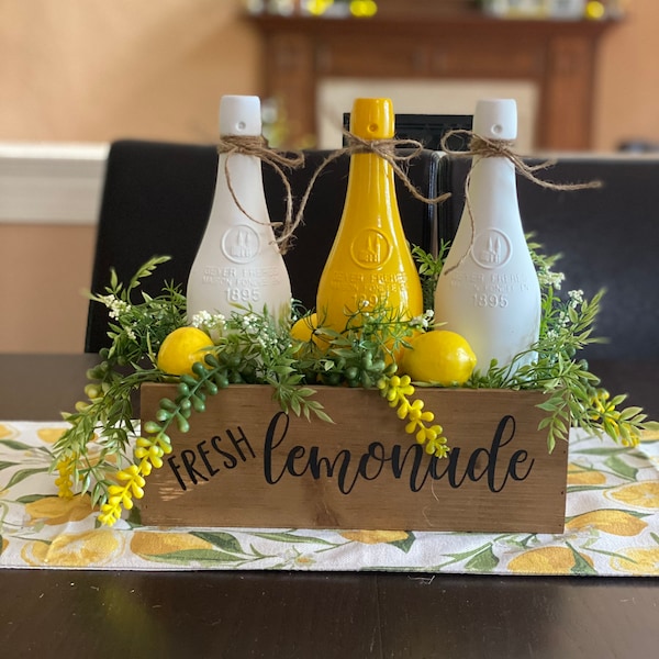 Fresh lemonade centerpiece. Lemon kitchen decor. Citrus kitchen decor. Lemons and succulents. Kitchen centerpiece. Lemon centerpiece.