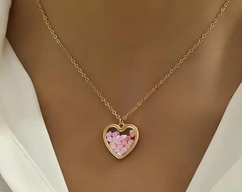 Heart Necklace with Pink Hearts, Gold Chain, Glass Display Pendant
