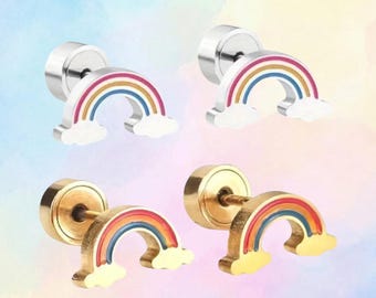 Rainbow Cloud Stud Earrings, Colorful Design, Silver or Gold -Tone Metal