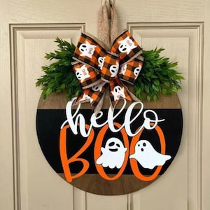Ghost Halloween Wreath: Hello Boo Fall Wall Hanging (12 inches)