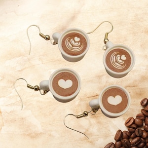 Coffee Latte Art Dangle Earrings, Miniature Cup Design, Gold-Tone Hooks