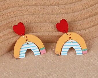 Rainbow Drop Earrings, Heart Stud Design, Striped Pattern, Yellow and Blue, Fashion Jewelry, pencil rainbow, back to school