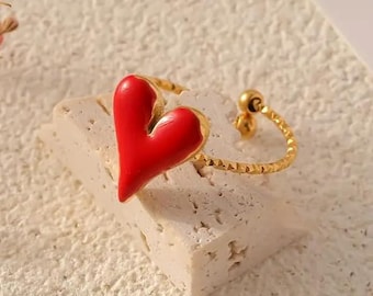 Adjustable Red Heart Ring, Gold-Tone Textured Band, Fashion Jewelry