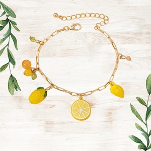 Gold Chain Lemon Charm Bracelet, Citrus Fruit Design, Yellow Enamel Pendants