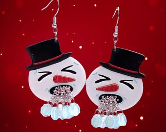 Snowman Dangle Earrings, Holiday Winter Jewelry, Blue Crystal Drops