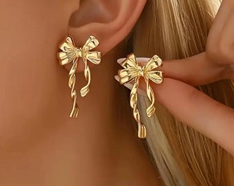 Gold Bow Drop Earrings, Twisted Ribbon Design, Fashion Statement Jewelry