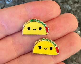 Cute Taco Enamel Stud Earrings, Yellow and Green Food Jewelry