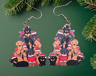 Dog Christmas Tree Dangle Earrings, Holiday Pet Jewelry
