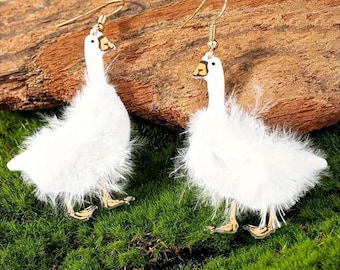 White Duck Dangle Earrings, Fluffy Feather Design, Gold-Tone Hooks