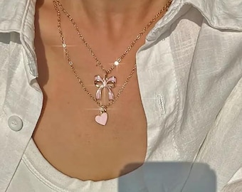 Pink Bow and Heart Charm Necklace Set, Silver Chain, 2 Pendants