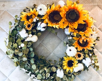 Sunflower, Cotton & White Pumpkin Fall Wreath - 18 Inch