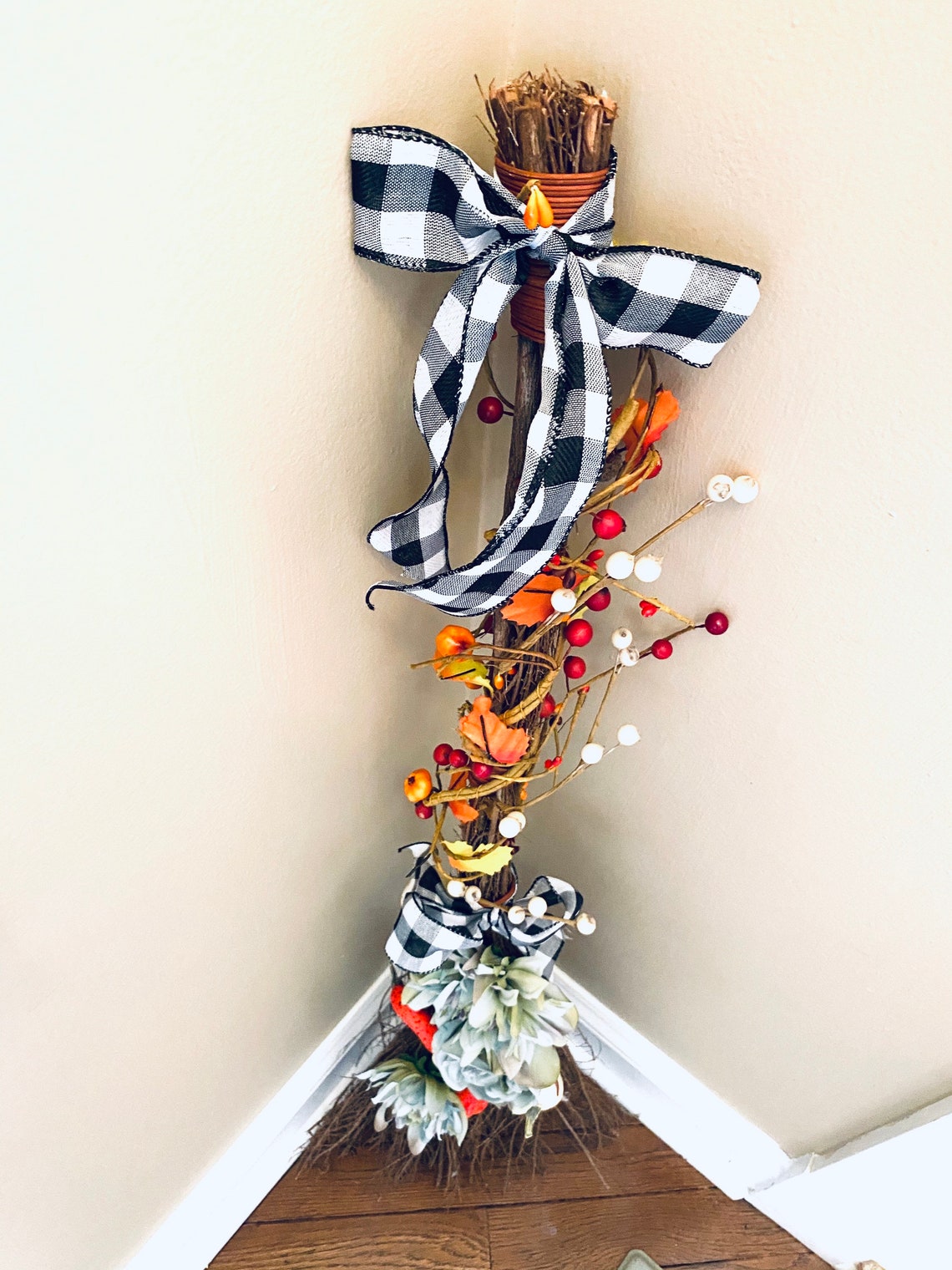 Pumpkin and Cotton Broom Wreath. Fall Wreath. Broom Decor. Etsy