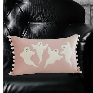 Decorative Ghost Throw Pillow, Pink with White Applique, Pom Pom Trim