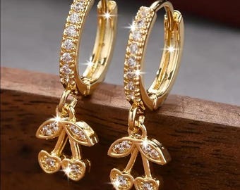 Crystal Cherry Drop Dangle Earrings, 18K Gold Plated, Rhinestone Hoop Huggie Style