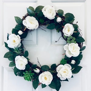 White Rose and Succulent Wreath: Rustic Farmhouse Decor (18”)
