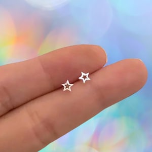 Sterling Silver Star Stud Earrings, Dainty Open Design, Small Size