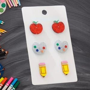 School-Themed Stud Earrings Set, Red Apple, Silver Paint Palette, Yellow Pencil, 3 Pairs