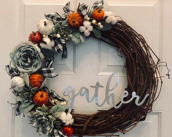 Fall wreath. Thanksgiving wreath. Pumpkin and buffalo check weath. Gather wreath. Autumn wreath. Blues and orange.