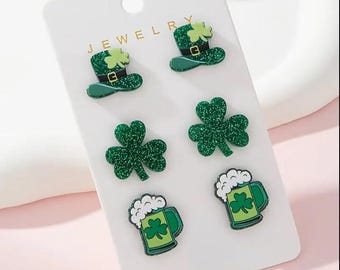 St. Patrick's Day Earring Set, 3 Pairs, Glitter Leprechaun Hat, Shamrock, and Beer Mug Designs, Green
