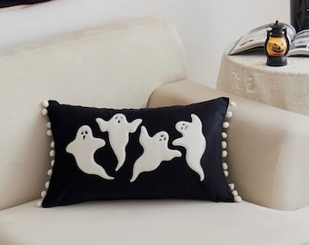 Ghost pillow cover. Ghost embroidered pillow case. Halloween pillow. Fall pillow. Black and while. Tassels. Halloween decor. Fall decor