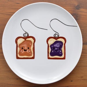 Peanut Butter and Jelly Toast Drop Earrings, Cute Food Jewelry, Dangle Hook Style