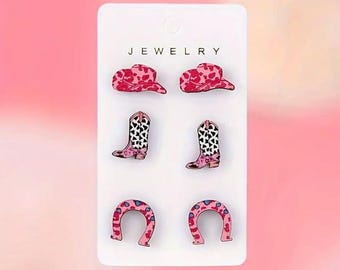 Western Cowgirl Earring Set, 3 Pairs, Pink Heart Print Hat, Cow Print Boots, Lucky Horseshoe Design
