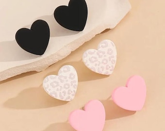 Heart Stud Earrings Set, 3 Pairs, Leopard Print White, Pink, Black
