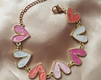 Multi-Heart Chain Bracelet, Pink and White Enamel Hearts, Gold-Tone, Adjustable Length