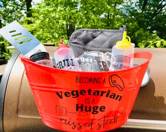 Becoming a vegetarian is a huge missed steak gift basket. Father day gift basket. Grilling bucket. Gift for him. Summer grilling gift.