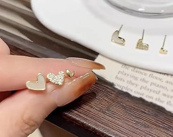 Set of 3 Dainty Heart Studs Minimalist Earrings Gold Colored for Women and Girls