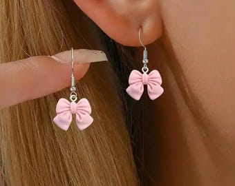 Cute Pink Bow Dangle Earrings, Silver Fish Hook, Kawaii Style