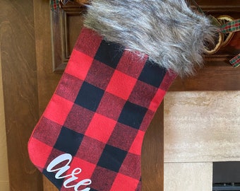 Personalized Buffalo Plaid Christmas Stocking with Fur
