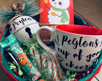 Personalized Christmas Gift Basket, Ornament, Mug, Treats