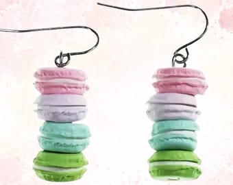 Pastel Macaron Dangle Earrings, Pink White Mint Green, Handmade Fashion Jewelry