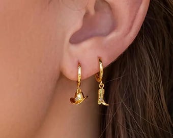 Western Cowboy Boot and Hat Dangle Earrings, Gold-Tone with Opal Accents, Small