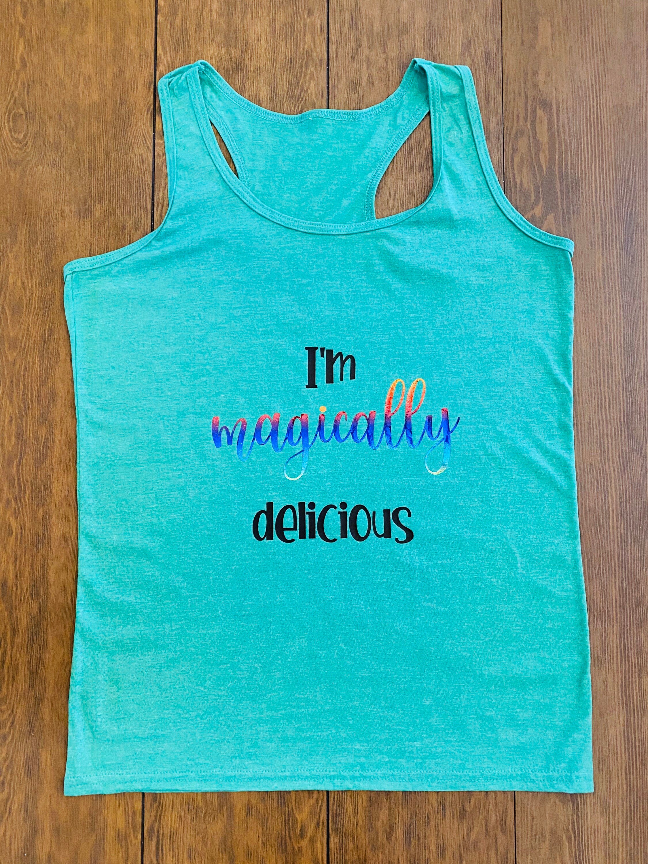 I’m magically delicious women’s tank. Racer back tank top. St. Patrick’s Day shirt. Funny shirt. St. Patrick’s day apparel. Green rainbow