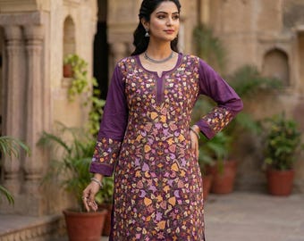 Kashmiri dress, Kashmiri Kalamkari very soft and comfortable long Tunic for Women party casual wear, Kashmiri Kurta Floral Embroidered dress