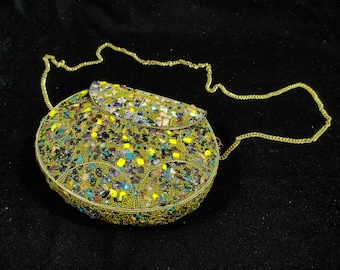 Bolso de mano étnico de metal, bolso de mano con cuentas multicolores y piedras, adornado con mosaico, cartera antigua, bolso de fiesta para mujer, caja de boda