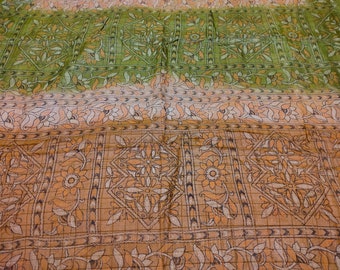 Vintage Kantha Print Work Saree , Bengal Pure Kantha Stitch embroidered 5 Yard Fabric antique Thread Saree , Dress Making Curtain Home Decor