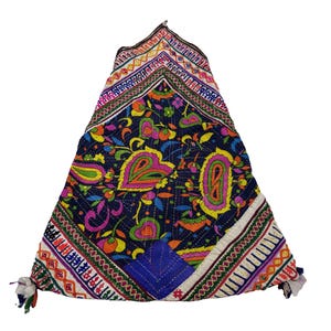 May include: A colorful, triangular textile with a dark blue background. The fabric is adorned with vibrant paisley and floral patterns in shades of pink, yellow, green, and orange. The edges are trimmed with intricate embroidered borders.